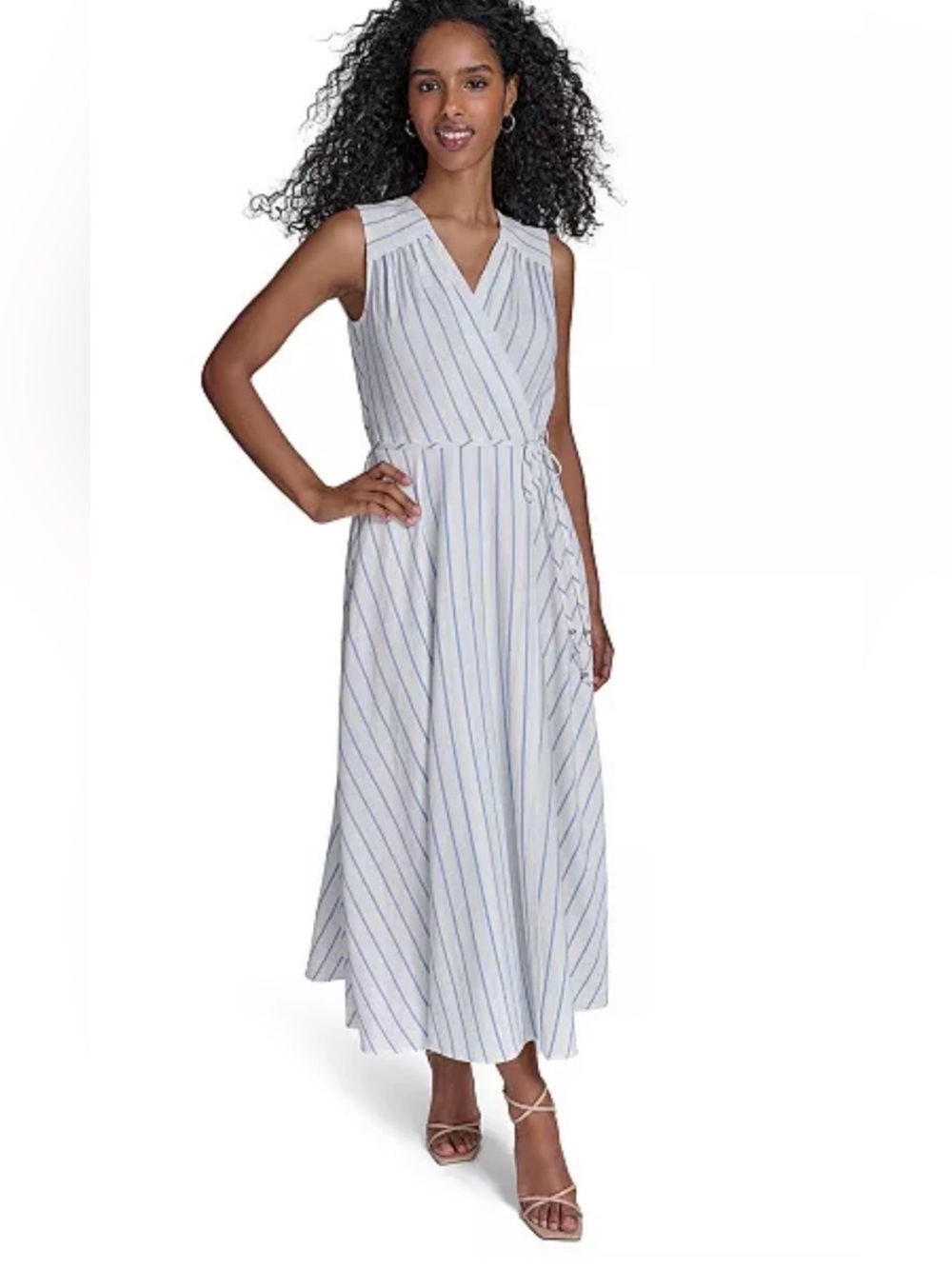 Calvin Klein Women's Striped Blue White V-Neck Midi Dress Belted Sz 16